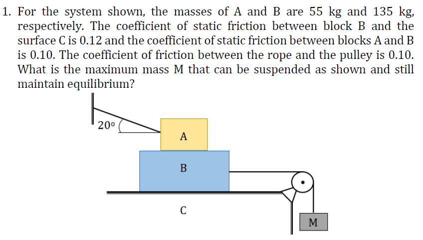 1. For the system shown, the masses of A and B are 55 kg and 135 kg,
respectively. The coefficient of static friction between block B and the
surface C is 0.12 and the coefficient of static friction between blocks A and B
is 0.10. The coefficient of friction between the rope and the pulley is 0.10.
What is the maximum mass M that can be suspended as shown and still
maintain equilibrium?
200
А
C
M
