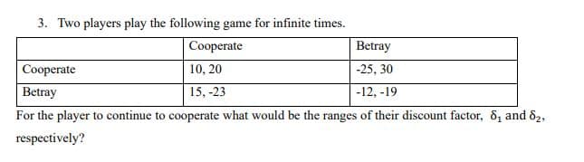 3. Two players play the following game for infinite times.
Cooperate
Betray
Cooperate
10, 20
-25, 30
Betray
15, -23
-12, -19
For the player to continue to cooperate what would be the ranges of their discount factor, 8, and 82,
respectively?

