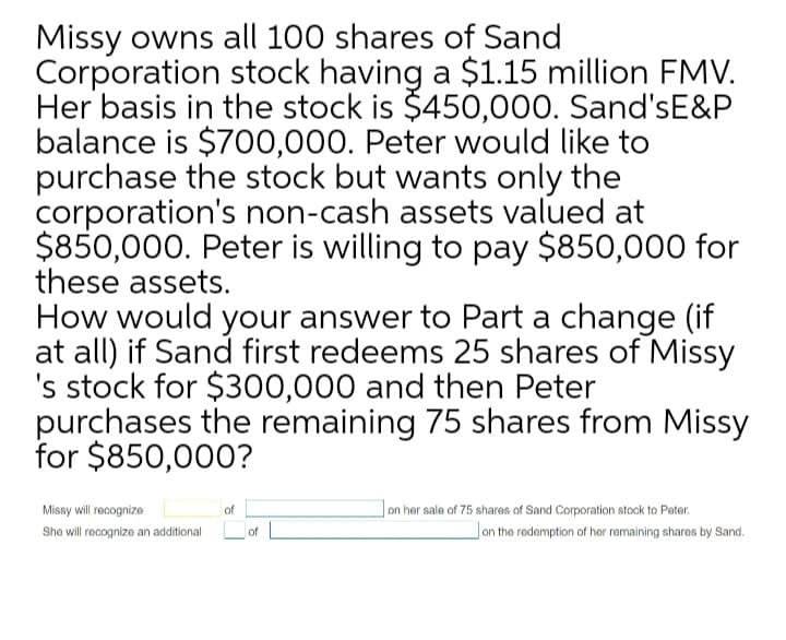 Missy owns all 100 shares of Sand
Corporation stock having a $1.15 million FMV.
Her basis in the stock is $450,000. Sand'sE&P
balance is $700,000. Peter would like to
purchase the stock but wants only the
corporation's non-cash assets valued at
$850,000. Peter is willing to pay $850,000 for
these assets.
How would your answer to Part a change (if
at all) if Sand first redeems 25 shares of Missy
's stock for $300,000 and then Peter
purchases the remaining 75 shares from Missy
for $850,000?
Missy will recognize
of
on her sale of 75 sharos of Sand Corporation stock to Peter.
She will recognize an additional of
Jon the redemption of her remaining shares by Sand.
