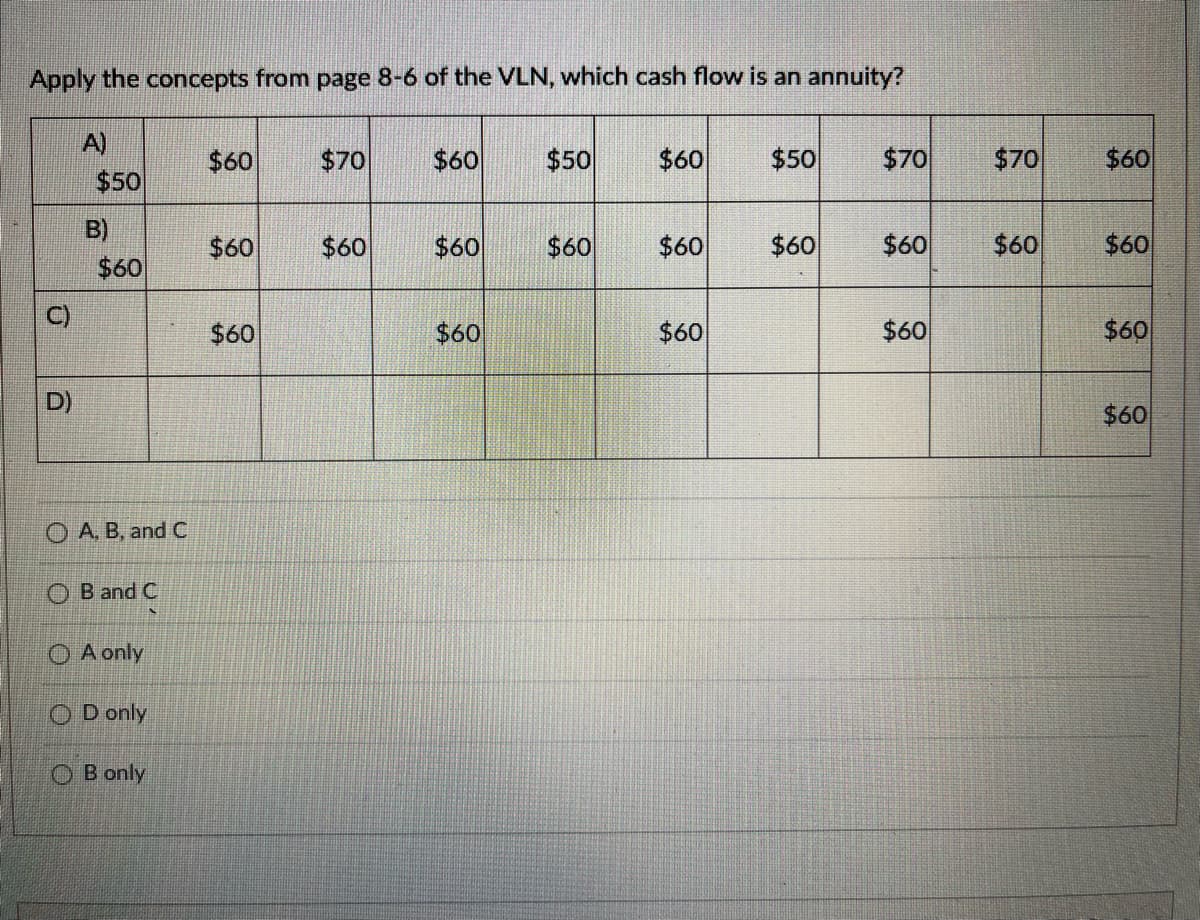 Apply the concepts from page 8-6 of the VLN, which cash flow is an annuity?
A)
$60
$70
$60
$50
$60
$50
$70
$70
$60
$50
B)
$60
$60
$60
$60
$60
$60
$60
$60
$60
$60
C)
$60
$60
$60
$60
$60
D)
$60
O A, B, and C
O B and C
O A only
O D only
O B only
