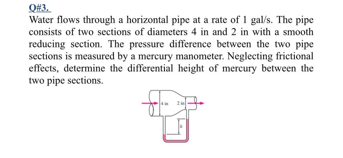 Q#3.
Water flows through a horizontal pipe at a rate of 1 gal/s. The pipe
consists of two sections of diameters 4 in and 2 in with a smooth
reducing section. The pressure difference between the two pipe
sections is measured by a mercury manometer. Neglecting frictional
effects, determine the differential height of mercury between the
two pipe sections.
4 in
2 in

