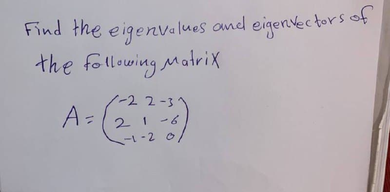 Find the eigenvalues and eigenvectors of
the following Matrix
-2 2-3
A = (21-6
-1-20