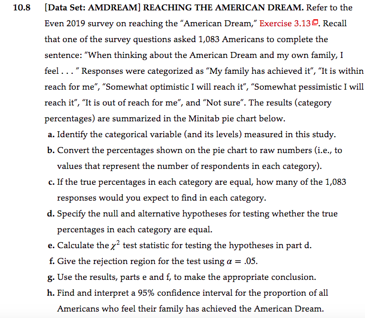 10.8
[Data Set: AMDREAM] REACHING THE AMERICAN DREAM. Refer to the
Even 2019 survey on reaching the "American Dream," Exercise 3.130. Recall
that one of the survey questions asked 1,083 Americans to complete the
sentence: "When thinking about the American Dream and my own family, I
feel..." Responses were categorized as "My family has achieved it", "It is within
reach for me", "Somewhat optimistic I will reach it", "Somewhat pessimistic I will
reach it", "It is out of reach for me", and "Not sure". The results (category
percentages) are summarized in the Minitab pie chart below.
a. Identify the categorical variable (and its levels) measured in this study.
b. Convert the percentages shown on the pie chart to raw numbers (i.e., to
values that represent the number of respondents in each category).
c. If the true percentages in each category are equal, how many of the 1,083
responses
would you expect to find in each category.
d. Specify the null and alternative hypotheses for testing whether the true
percentages in each category are equal.
e. Calculate the x? test statistic for testing the hypotheses in part d.
f. Give the rejection region for the test using a = .05.
g. Use the results, parts e and f, to make the appropriate conclusion.
h. Find and interpret a 95% confidence interval for the proportion of all
Americans who feel their family has achieved the American Dream.

