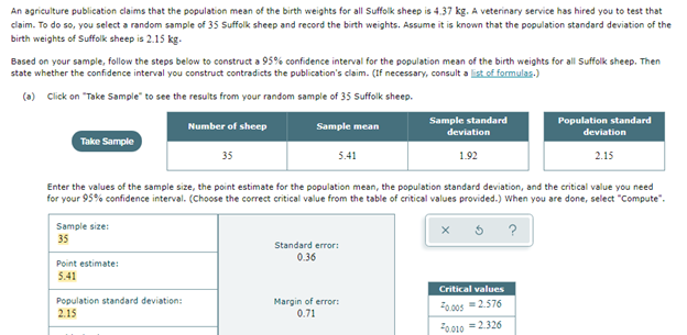 An agriculture publication claims that the population mean of the birth weights for all Suffolk sheep is 4.37 kg. A veterinary service has hired you to test that
claim. To do so, you select a random sample of 35 Suffolk sheep and record the birth weights. Assume it is known that the population standard deviation of the
birth weights of Suffolk sheep is 2.15 kg.
Based on your sample, follow the steps below to construct a 95% confidence interval for the population mean of the birth weights for all Suffolk sheep. Then
state whether the confidence interval you construct contradicts the publication's claim. (If necessary, consult a listof formulas.)
(a) Click on "Take Sample" to see the results from your random sample of 35 Suffolk sheep.
Sample standard
deviation
Population standard
Number of sheep
Sample mean
deviation
Take Sample
35
5.41
1.92
2.15
Enter the values of the sample size, the point estimate for the population mean, the population standard deviation, and the critical value you need
for your 95% confidence interval. (Choose the correct critical value from the table of critical values provided.) When you are done, select "Compute".
Sample size:
?
35
Standard error:
0.36
Point estimate:
5.41
Critical values
Population standard deviation:
2.15
Margin of error:
0.71
20.00s =2.576
F0.010 =2.326
