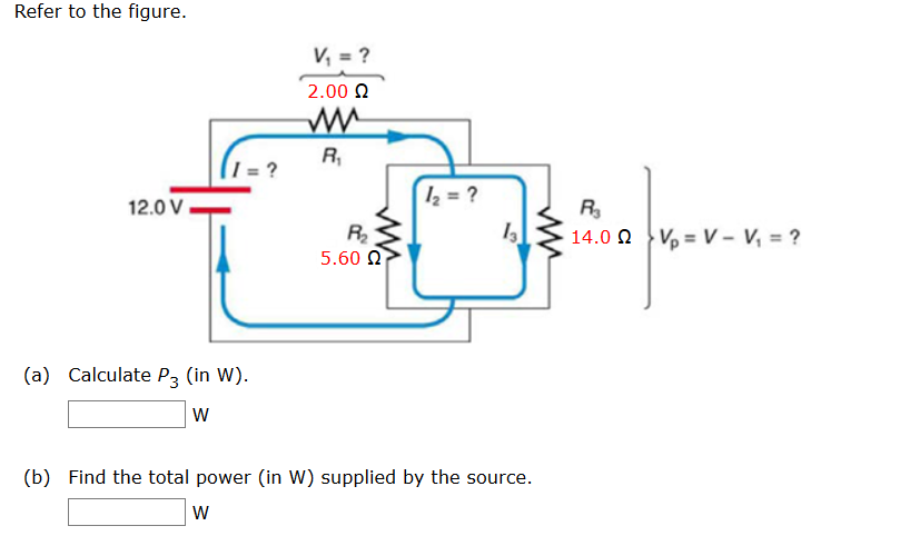 Refer to the figure.
V, = ?
2.00 2
R,
= ?
12.0 V.
14.0 0 V, = V – V, = ?
5.60 0
(a) Calculate P3 (in W).
(b) Find the total power (in W) supplied by the source.
