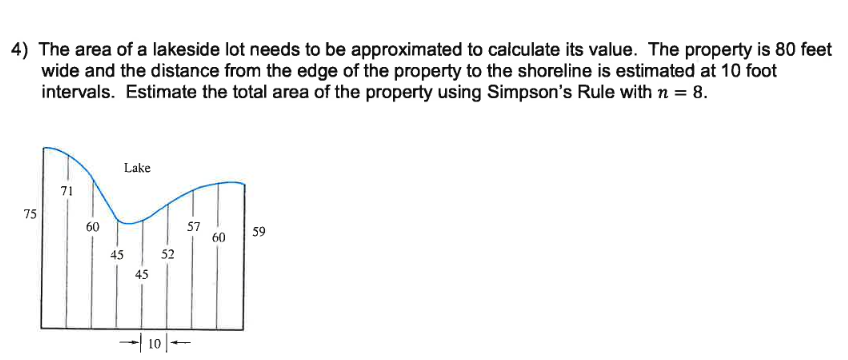 4) The area of a lakeside lot needs to be approximated to calculate its value. The property is 80 feet
wide and the distance from the edge of the property to the shoreline is estimated at 10 foot
intervals. Estimate the total area of the property using Simpson's Rule with n = 8.
Lake
71
75
60
57
60
59
45
52
45
- 10
