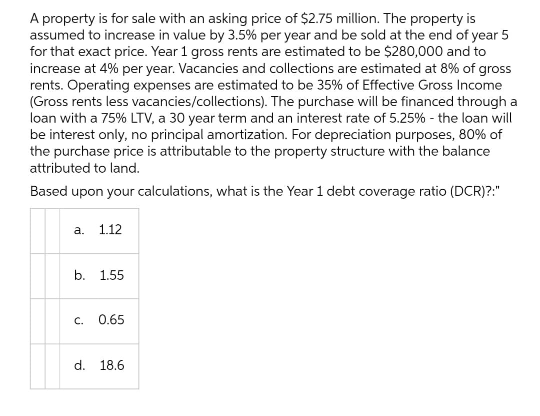 A property is for sale with an asking price of $2.75 million. The property is
assumed to increase in value by 3.5% per year and be sold at the end of year 5
for that exact price. Year 1 gross rents are estimated to be $280,000 and to
increase at 4% per year. Vacancies and collections are estimated at 8% of gross
rents. Operating expenses are estimated to be 35% of Effective Gross Income
(Gross rents less vacancies/collections). The purchase will be financed through a
loan with a 75% LTV, a 30 year term and an interest rate of 5.25% - the loan will
be interest only, no principal amortization. For depreciation purposes, 80% of
the purchase price is attributable to the property structure with the balance
attributed to land.
Based upon your calculations, what is the Year 1 debt coverage ratio (DCR)?:"
а.
1.12
b. 1.55
С.
0.65
d.
18.6
