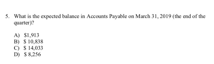 5. What is the expected balance in Accounts Payable on March 31, 2019 (the end of the
quarter)?
A) $1,913
B) $ 10,838
C) $ 14,033
D) $ 8,256
