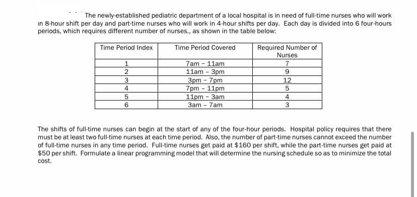 The newly-established pediatric department of a local hospital is in need of full-time nurses who will work
in 8-hour shift per day and part-time nurses who will work in 4-hour shifts per day. Each day is divided into 6 four-hours
periods, which requires different number of nurses., as shown in the table below:
Time Period Index
Time Period Covered
7am - 11am.
11am-3pm
3pm - 7pm
7pm - 11pm
11pm-3am
3am - 7am
1
2
3
4
5
6
Required Number of
Nurses
7
9
12
5
4
3
The shifts of full-time nurses can begin at the start of any of the four-hour periods. Hospital policy requires that there
must be at least two full-time nurses at each time period. Also, the number of part-time nurses cannot exceed the number
of full-time nurses in any time period. Full-time nurses get paid at $160 per shift, while the part-time nurses get paid at
$50 per shift. Formulate a linear programming model that will determine the nursing schedule so as to minimize the total
cost.