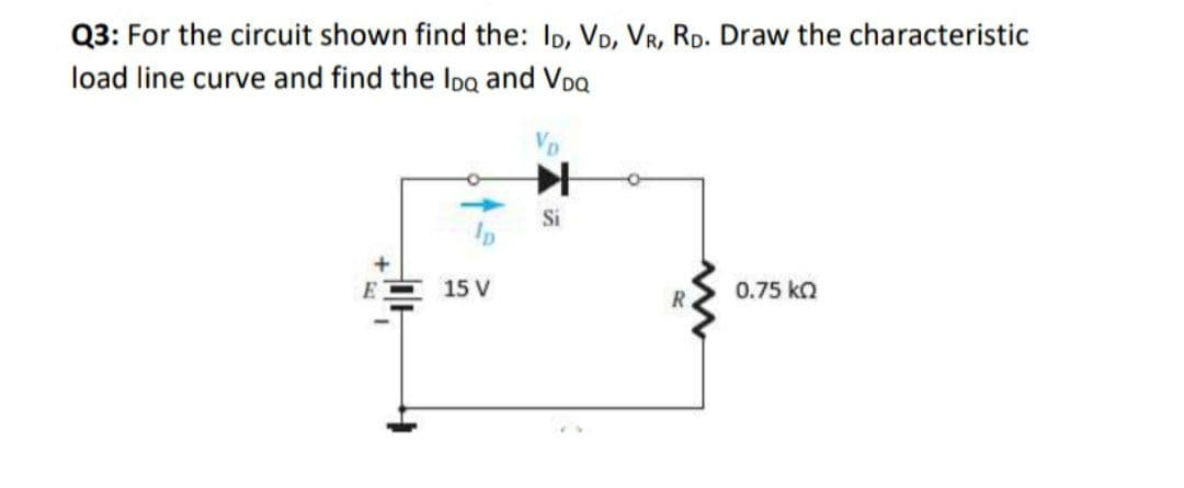 Q3: For the circuit shown find the: ID, VD, VR, RD. Draw the characteristic
load line curve and find the Ioa and Voa
Si
15 V
0.75 ka
