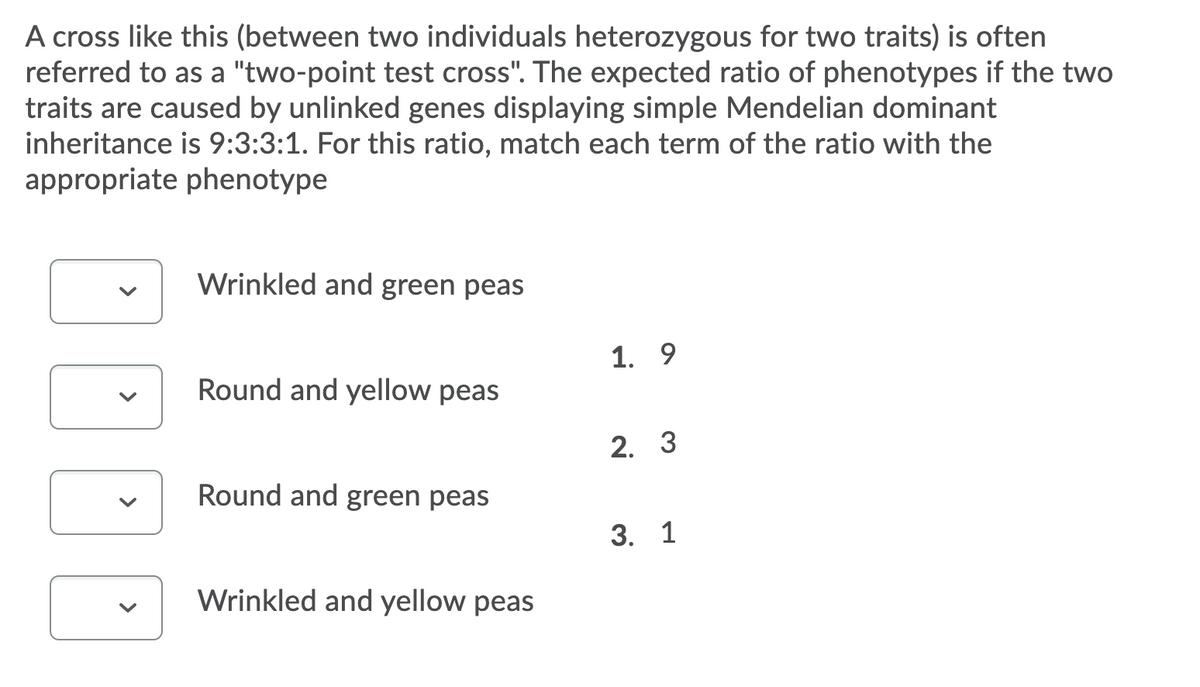 A cross like this (between two individuals heterozygous for two traits) is often
referred to as a "two-point test cross". The expected ratio of phenotypes if the two
traits are caused by unlinked genes displaying simple Mendelian dominant
inheritance is 9:3:3:1. For this ratio, match each term of the ratio with the
appropriate phenotype
Wrinkled and green peas
1. 9
Round and yellow peas
2. 3
Round and green peas
3. 1
Wrinkled and yellow peas
>
>
