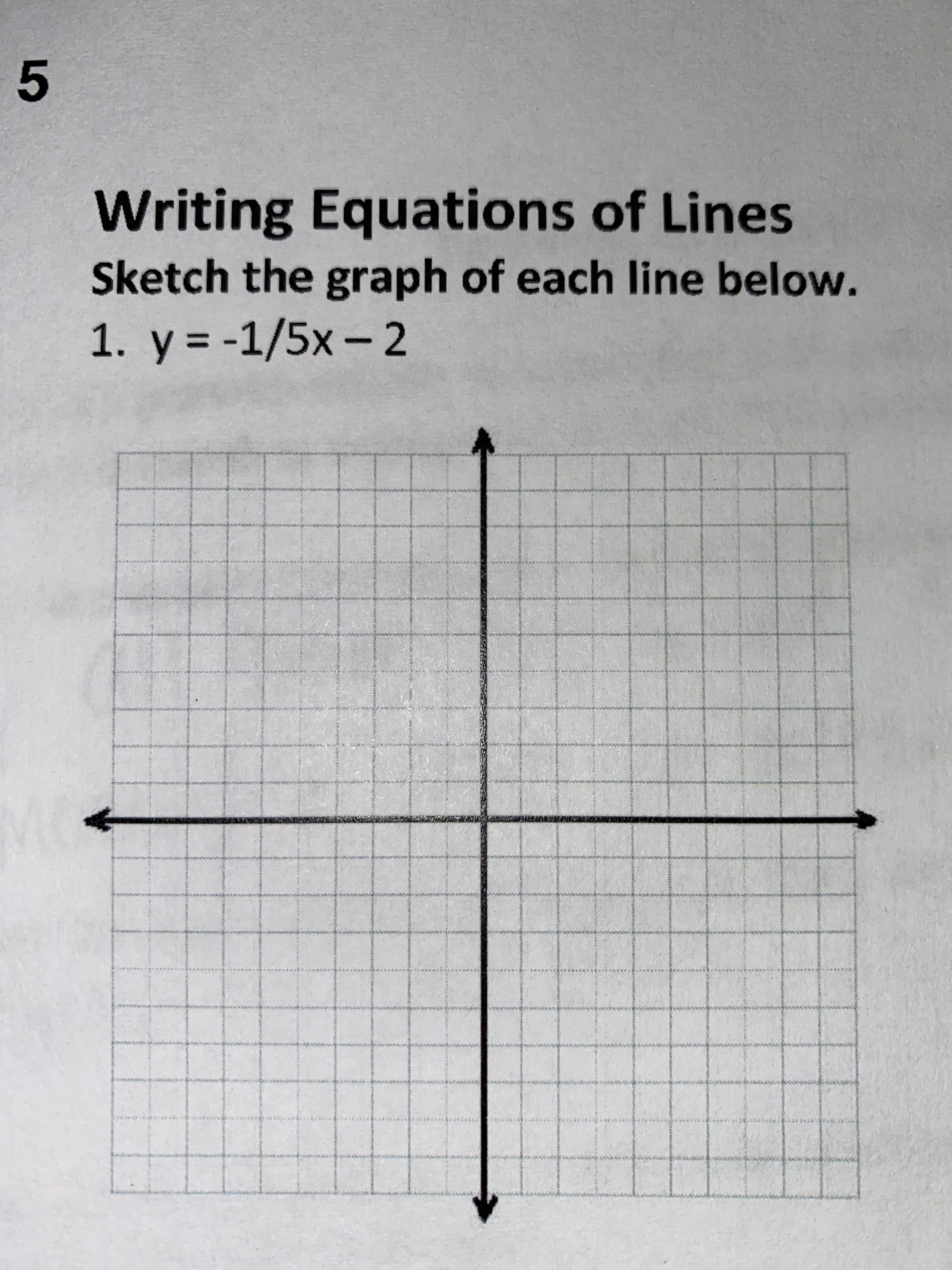 Writing Equations of Lines
Sketch the graph of each line below.
1. y = -1/5x – 2
