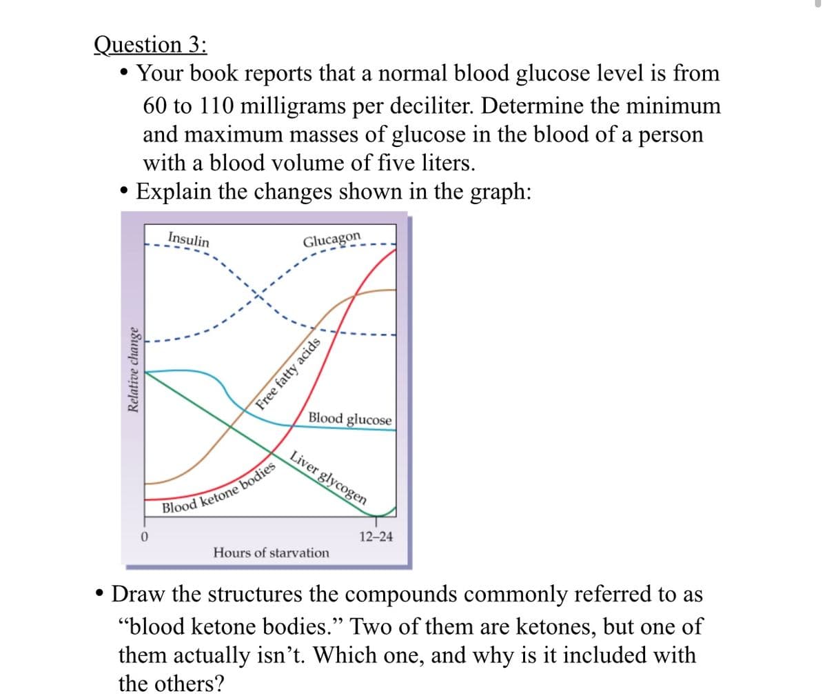 Question 3:
Your book reports that a normal blood glucose level is from
60 to 110 milligrams per deciliter. Determine the minimum
and maximum masses of glucose in the blood of a person
with a blood volume of five liters.
• Explain the changes shown in the graph:
Insulin
Glucagon
Blood glucose
Liver glycogen
12-24
Hours of starvation
• Draw the structures the compounds commonly referred to as
"blood ketone bodies." Two of them are ketones, but one of
them actually isn’t. Which one, and why is it included with
the others?
Relative change
Free fatty acids

