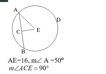 A
C
E
B
AE=16, mZ A=50°
MZACE = 90°
