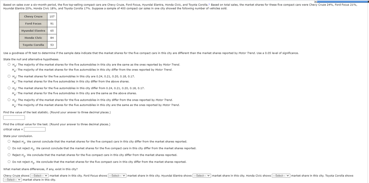 Based on sales over a six-month period, the five top-selling compact cars are Chevy Cruze, Ford Focus, Hyundai Elantra, Honda Civic, and Toyota Corolla.t Based on total sales, the market shares for these five compact cars were Chevy Cruze 24%, Ford Focus 21%,
Hyundai Elantra 20%, Honda Civic 18%, and Toyota Corolla 17%. Suppose a sample of 400 compact car sales in one city showed the following number of vehicles sold.
Chevy Cruze
107
Ford Focus
91
Hyundai Elantra
65
Honda Civic
84
Toyota Corolla
53
Use a goodness of fit test to determine if the sample data indicate that the market shares for the five compact cars in this city are different than the market shares reported by Motor Trend. Use a 0.05 level of significance.
State the null and alternative hypotheses.
O H: The majority of the market shares for the five automobiles in this city are the same as the ones reported by Motor Trend.
H: The majority of the market shares for the five automobiles in this city differ from the ones reported by Motor Trend.
O H: The market shares for the five automobiles in this city are 0.24, 0.21, 0.20, 0.18, 0.17.
H: The market shares for the five automobiles in this city differ from the above shares.
O H: The market shares for the five automobiles in this city differ from 0.24, 0.21, 0.20, 0.18, 0.17.
H.: The market shares for the five automobiles in this city are the same as the above shares.
O H.: The majority of the market shares for the five automobiles in this city differ from the ones reported by Motor Trend.
H.: The majority of the market shares for the five automobiles in this city are the same as the ones reported by Motor Trend.
Find the value of the test statistic. (Round your answer to three decimal places.)
Find the critical value for the test. (Round your answer to three decimal places.)
critical value =
State your conclusion.
O Reject H,. We cannot conclude that the market shares for the five compact cars in this city differ from the market shares reported.
O Do not reject Ho. We cannot conclude that the market shares for the five compact cars in this city differ from the market shares reported.
O Reject H,. We conclude that the market shares for the five compact cars in this city differ from the market shares reported.
O Do not reject H.. We conclude that the market shares for the five compact cars in this city differ from the market shares reported.
What market share differences, if any, exist in this city?
Chevy Cruze shows ---Select-- v market share in this city. Ford Focus shows -Select--- v market share in this city. Hyundai Elantra shows ---Select-- v market share in this city. Honda Civic shows ---Select- v market share in this city. Toyota Corolla shows
---Select-- v market share in this city.
