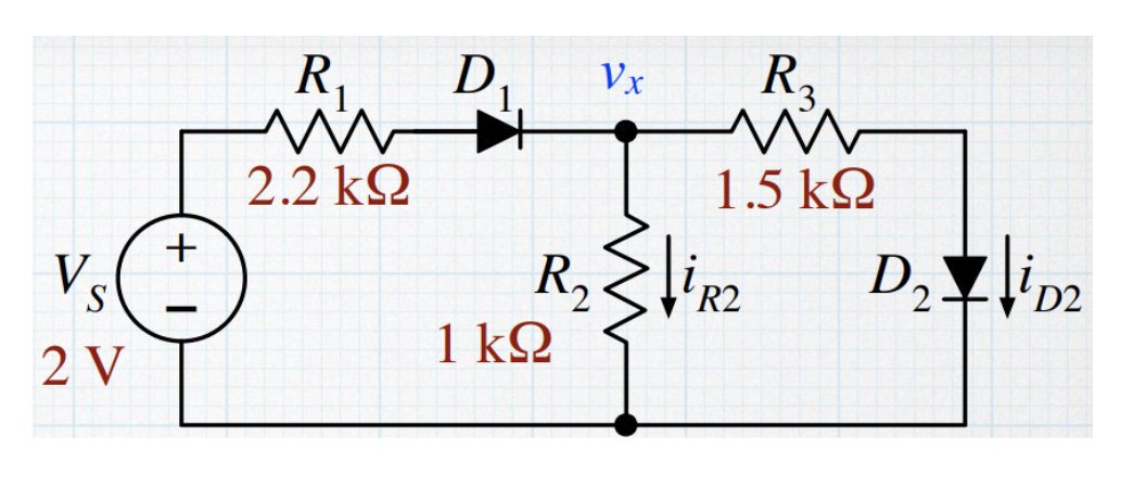 Vs
S
2 V
+
R₁
ww
2.2 ΚΩ
D₁
R₂
1 ΚΩ
Vx
R₂
ww
1.5 ΚΩ
R2
D₂Z102