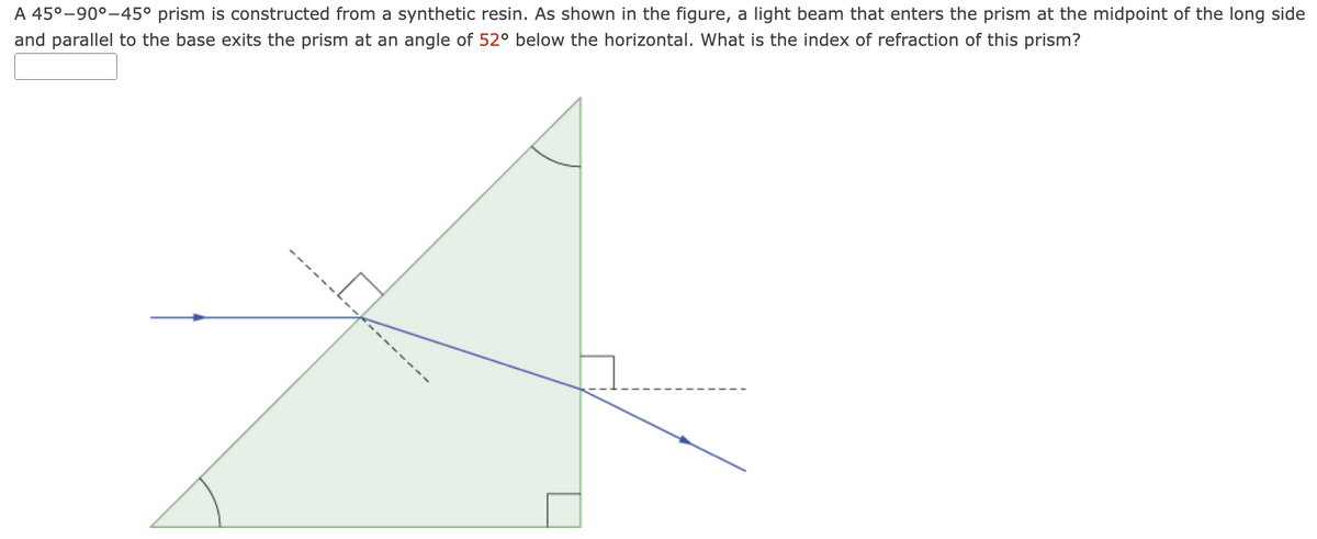 A 45°-90°-45° prism is constructed from a synthetic resin. As shown in the figure, a light beam that enters the prism at the midpoint of the long side
and parallel to the base exits the prism at an angle of 52° below the horizontal. What is the index of refraction of this prism?