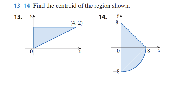 13-14 Find the centroid of the region shown.
13. YA
14.
YA
(4,2)
X
8
0
-8
8
X