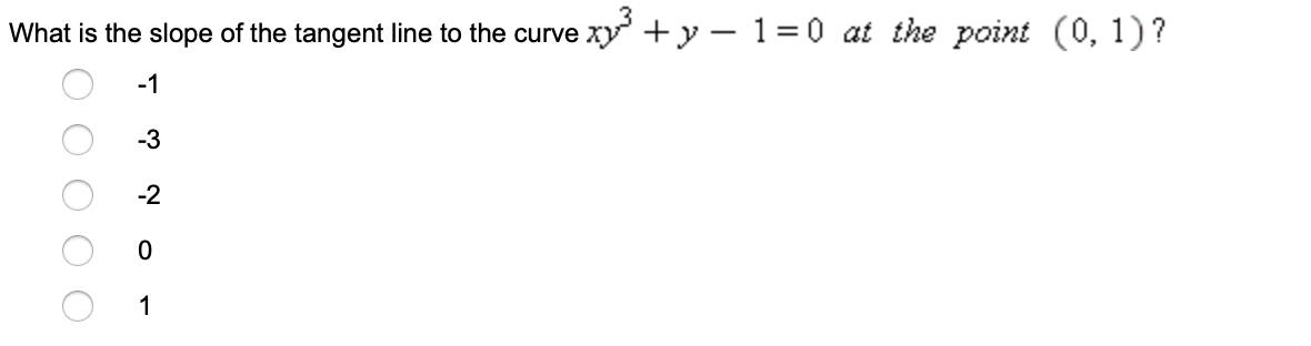 What is the slope of the tangent line to the curve xy + y – 1=0 at the point (0, 1)?
-1
-3
-2
1
O O
