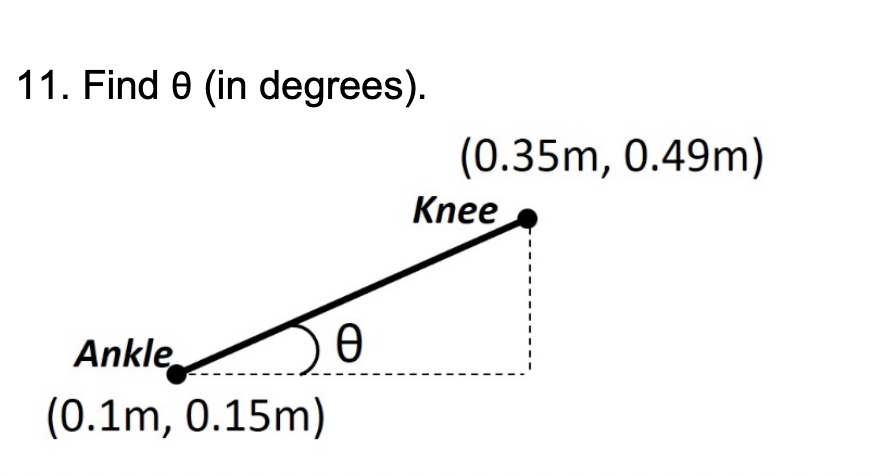 11. Find e (in degrees).
(0.35m, 0.49m)
Knee
Ankle
(0.1m, 0.15m)
