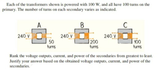 Each of the transformers shown is powered with 100 W, and all have 100 turns on the
primary. The number of turns on each secondary varies as indicated.
A
8
240 V O
240 V
50
turns
240 V
200
turns
100
turns
Rank the voltage outputs, current, and power of the secondaries from greatest to least.
Justify your answer based on the obtained voltage outputs, current, and power of the
secondaries.
