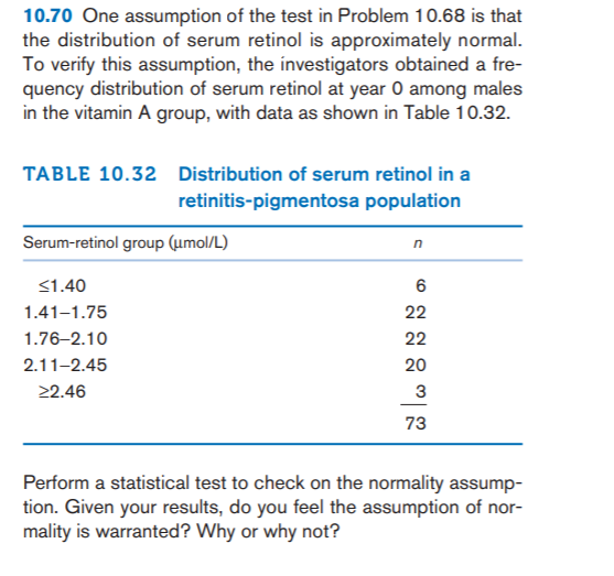 10.70 One assumption of the test in Problem 10.68 is that
the distribution of serum retinol is approximately normal.
To verify this assumption, the investigators obtained a fre-
quency distribution of serum retinol at year O among males
in the vitamin A group, with data as shown in Table 10.32.
TABLE 10.32 Distribution of serum retinol in a
retinitis-pigmentosa population
Serum-retinol group (umol/L)
<1.40
6
1.41-1.75
22
1.76–2.10
22
2.11-2.45
20
22.46
3
73
Perform a statistical test to check on the normality assump-
tion. Given your results, do you feel the assumption of nor-
mality is warranted? Why or why not?
