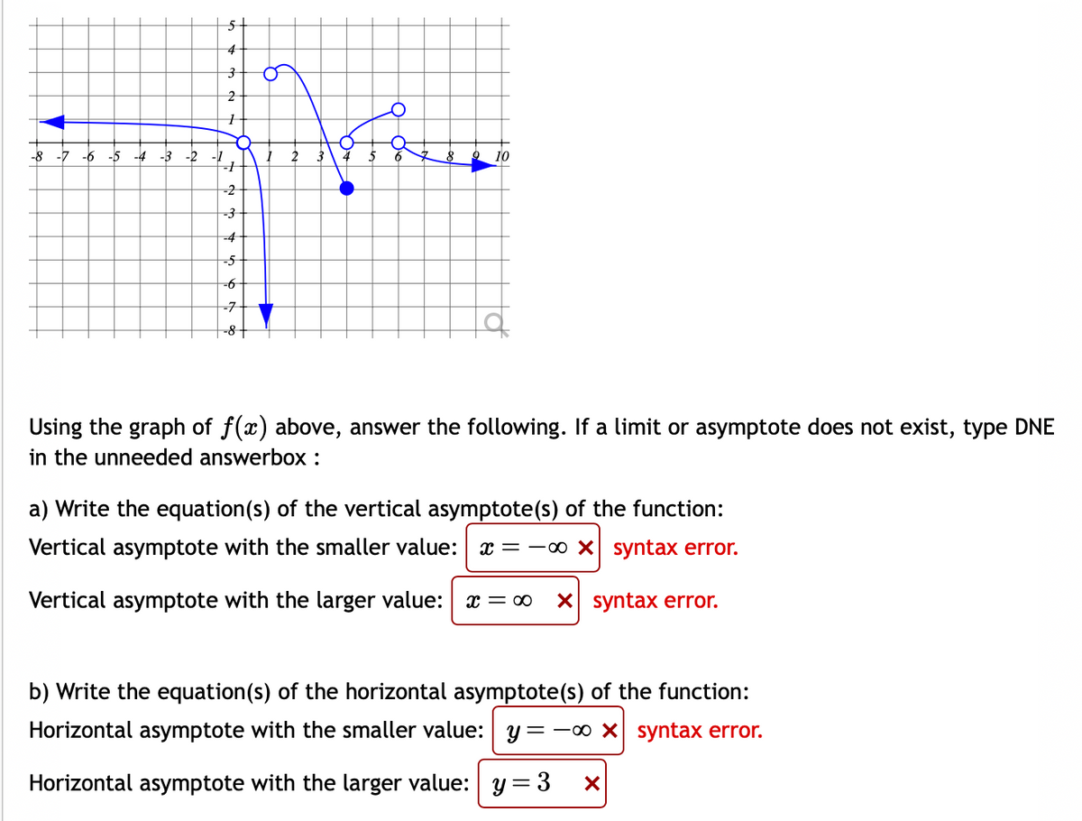 5-
4
-8 -7
-6
-3 -2
10
-2
-3
-4
-5
--
-7
-8-
Using the graph of f(x) above, answer the following. If a limit or asymptote does not exist, type DNE
in the unneeded answerbox :
a) Write the equation(s) of the vertical asymptote(s) of the function:
Vertical asymptote with the smaller value: x = -0 x syntax error.
Vertical asymptote with the larger value:
x = 00
X syntax error.
b) Write the equation(s) of the horizontal asymptote(s) of the function:
Horizontal asymptote with the smaller value: y= -o x syntax error.
Horizontal asymptote with the larger value: y = 3
