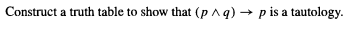 Construct a truth table to show that (p nq) → p is a tautology.
