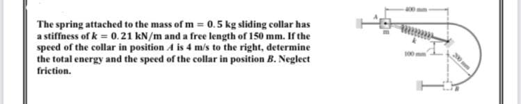 The spring attached to the mass of m = 0.5 kg sliding collar has
a stiffness of k = 0.21 kN/m and a free length of 150 mm. If the
speed of the collar in position A is 4 m/s to the right, determine
the total energy and the speed of the collar in position B. Neglect
friction.
200 m
