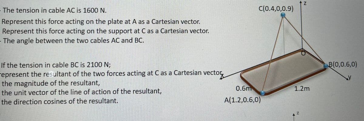 - The tension in cable AC is 1600 N.
C(0.4,0,0.9)
Represent this force acting on the plate at A as a Cartesian vector.
Represent this force acting on the support at C as a Cartesian vector.
- The angle between the two cables AC and BC.
If the tension in cable BC is 2100 N;
represent the resultant of the two forces acting at C as a Cartesian vector,
the magnitude of the resultant,
the unit vector of the line of action of the resultant,
the direction cosines of the resultant.
B(0,0.6,0)
0.6m
1.2m
A(1.2,0.6,0)
