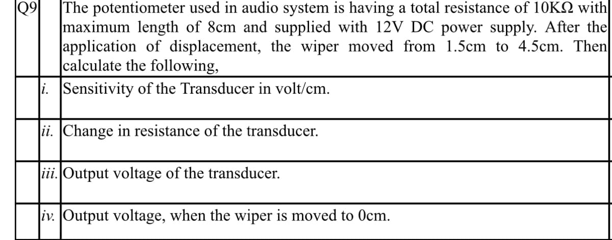 |Q9
The potentiometer used in audio system is having a total resistance of 10KQ with|
maximum length of 8cm and supplied with 12V DC power supply. After the
application of displacement, the wiper moved from 1.5cm to 4.5cm. Then
calculate the following,
i. Sensitivity of the Transducer in volt/cm.
ii. Change in resistance of the transducer.
iii. Output voltage of the transducer.
iv. Output voltage, when the wiper is moved to Ocm.
