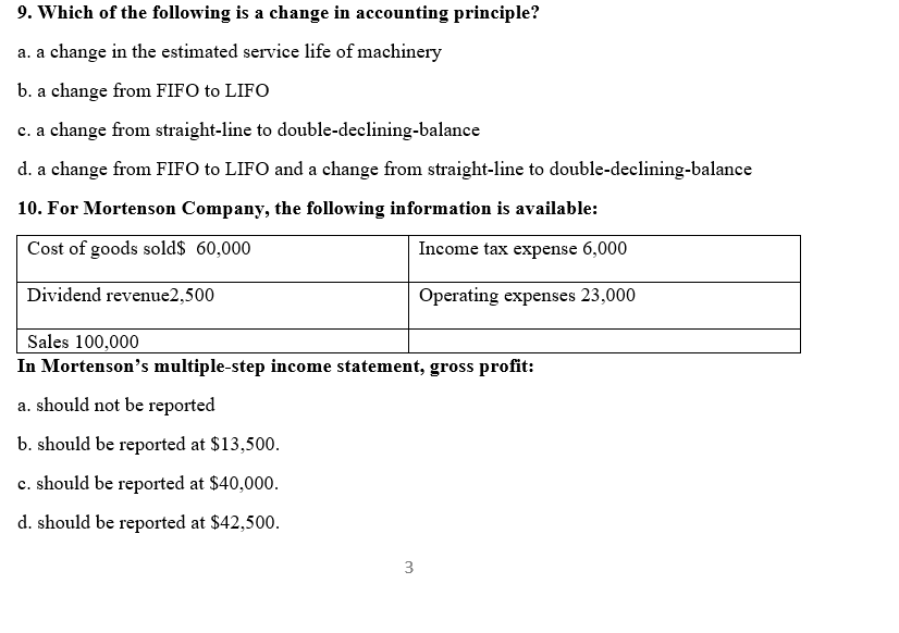 9. Which of the following is a change in accounting principle?
a. a change in the estimated service life of machinery
b. a change from FIFO to LIFO
c. a change from straight-line to double-declining-balance
d. a change from FIFO to LIFO and a change from straight-line to double-declining-balance
10. For Mortenson Company, the following information is available:
Cost of goods sold$ 60,000
Income tax expense 6,000
Dividend revenue2,500
Operating expenses 23,000
Sales 100,000
In Mortenson's multiple-step income statement, gross profit:
a. should not be reported
b. should be reported at $13,500.
c. should be reported at $40,000.
d. should be reported at $42,500.
3.
