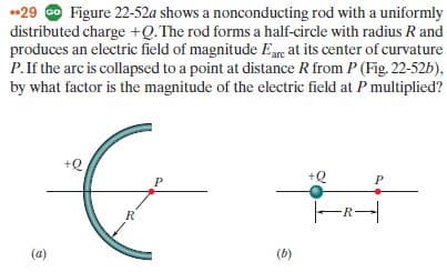 •29 O Figure 22-52a shows a nonconducting rod with a uniformly
distributed charge +Q.The rod forms a half-circle with radius R and
produces an electric field of magnitude Eare at its center of curvature
P.If the arc is collapsed to a point at distance R from P (Fig. 22-52b),
by what factor is the magnitude of the electric field at P multiplied?
+Q
(a)
(b)
