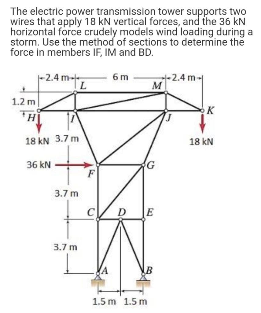 The electric power transmission tower supports two
wires that apply 18 kN vertical forces, and the 36 kN
horizontal force crudely models wind loading during a
storm. Use the method of sections to determine the
force in members IF, IM and BD.
-2.4 m--
6 m
-2.4 m-
M
1.2 m
TH
18 kN 3.7 m
18 kN
36 kN
G
3.7 m
C
D
3.7 m
1.5 m 1.5 m
B.
