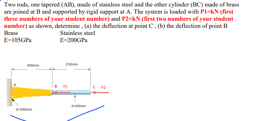 Two rods, one tapered (AB), made of stainless steel and the other cylinder (BC) made of brass
are joined at B and supported by rigid support at A. The system is loaded with P1=kN (first
three numbers of your student number) and P2=kN (first two numbers of your student
number) as shown, determine , (a) the deflection at point C , (b) the deflection of point B
Brass
Stainless steel
E=105GPA
E=200GPA
300mm
250mm
A
в Р1
|c P2
d=60mm
d=100mm
