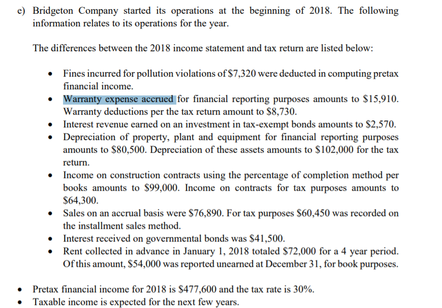 e) Bridgeton Company started its operations at the beginning of 2018. The following
information relates to its operations for the year.
The differences between the 2018 income statement and tax return are listed below:
• Fines incurred for pollution violations of $7,320 were deducted in computing pretax
financial income.
Warranty expense accrued for financial reporting purposes amounts to $15,910.
Warranty deductions per the tax return amount to $8,730.
Interest revenue earned on an investment in tax-exempt bonds amounts to $2,570.
Depreciation of property, plant and equipment for financial reporting purposes
amounts to $80,500. Depreciation of these assets amounts to $102,000 for the tax
return.
• Income on construction contracts using the percentage of completion method per
books amounts to $99,000. Income on contracts for tax purposes amounts to
$64,300.
• Sales on an accrual basis were $76,890. For tax purposes $60,450 was recorded on
the installment sales method.
• Interest received on governmental bonds was $41,500.
Rent collected in advance in January 1, 2018 totaled $72,000 for a 4 year period.
Of this amount, $54,000 was reported unearned at December 31, for book purposes.
Pretax financial income for 2018 is $477,600 and the tax rate is 30%.
Taxable income is expected for the next few years.
