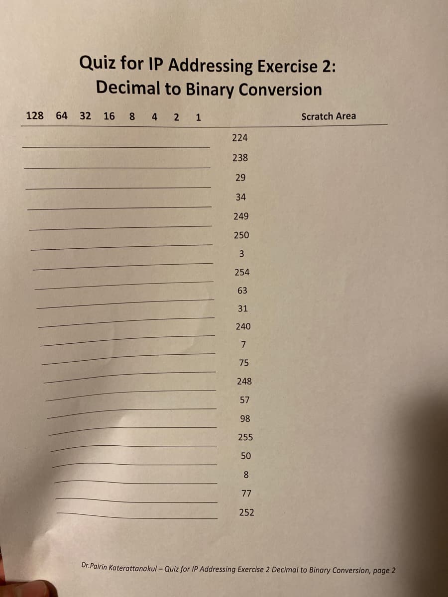 Quiz for IP Addressing Exercise 2:
Decimal to Binary Conversion
128
64 32 16
4 2 1
Scratch Area
224
238
29
34
249
250
3
254
63
31
240
7
75
248
57
98
255
50
8.
77
252
Dr.Pairin Katerattanakul – Quiz for IP Addressing Exercise 2 Decimal to Binary Conversion, page 2
