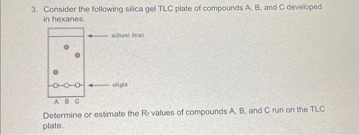 3. Consider the following silica gel TLC plate of compounds A, B, and C developed
in hexanes.
0
solwent frost
origin
A B C
Determine or estimate the Rr values of compounds A, B, and C run on the TLC
plate.