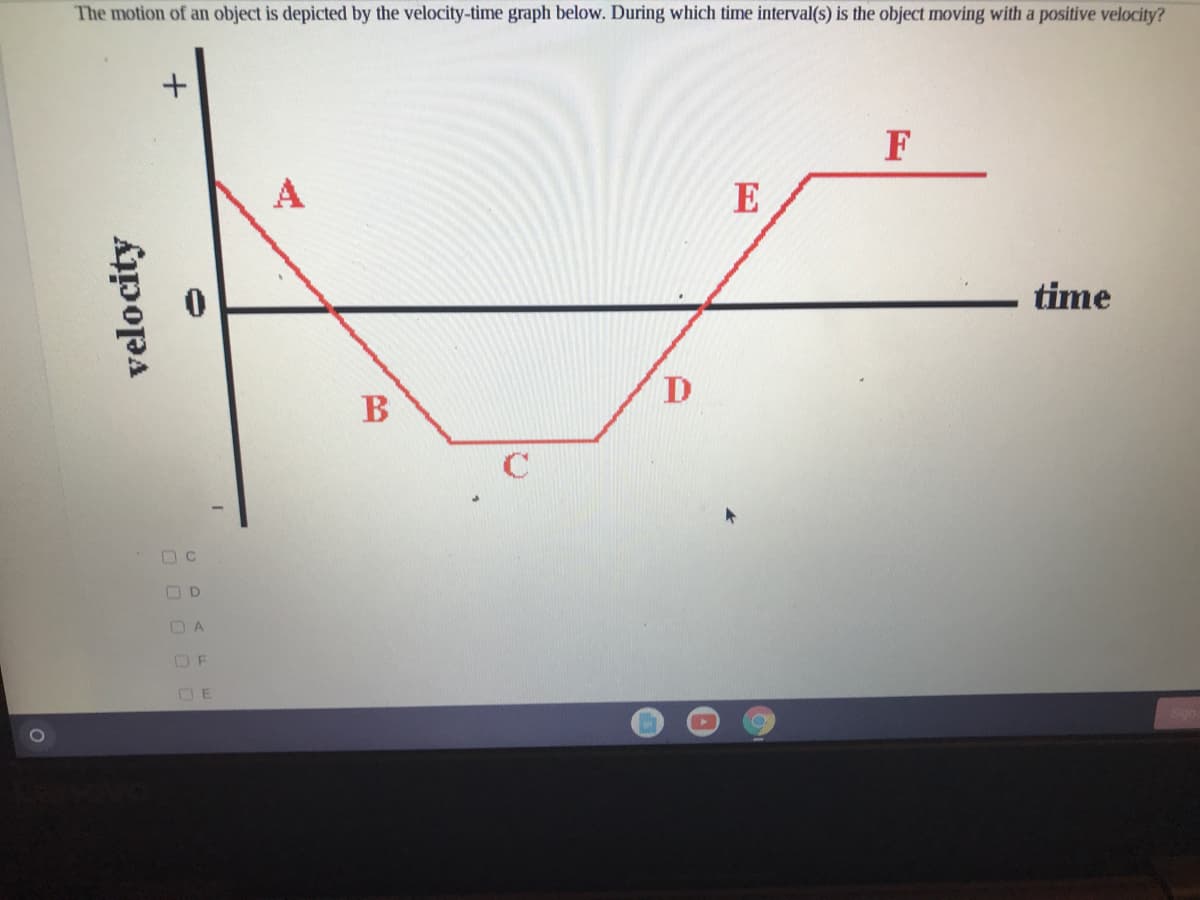 The motion of an object is depicted by the velocity-time graph below. During which time interval(s) is the object moving with a positive velocity?
F
A
E
time
B
C
velocity
