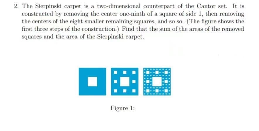 2. The Sierpinski carpet is a two-dimensional counterpart of the Cantor set. It is
constructed by removing the center one-ninth of a square of side 1, then removing
the centers of the eight smaller remaining squares, and so so. (The figure shows the
first three steps of the construction.) Find that the sum of the areas of the removed
squares and the area of the Sierpinski carpet.
Figure 1:
a