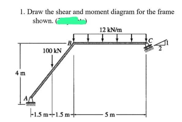 1. Draw the shear and moment diagram for the frame
shown.
4 m
A
100 KN
1.5 m+1.5 m
12 kN/m
5 m-
41
