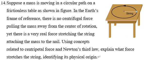 Suppose a mass is moving in a circular path on a
frictionless table as shown in figure. In the Earth's
String
frame of reference, there is no centrifugal force
pulling the mass away from the center of rotation,
yet there is a very real force stretching the string
attaching the mass to the nail. Using concepts
related to centripetal force and Newton's third law, explain what force
stretches the string, identifying its physical origin.
