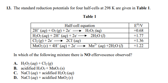 13. The standard reduction potentials for four half-cells at 298 K are given in Table 1.
Table 1
Half-cell equation
E/V
2H* (aq) + O2 (g)+ 2e¯ → H2O2 (aq)
H2O2 (ag) + 2H* (aq) + 2e 2H2O (1)
Cl2 (g) + 2e
MnO2 (s) + 4H* (aq) + 2e" -
+0.68
+1.77
+ 2CF (aq)
+1.36
Mn* (aq) +2H2O (I)
+1.22
In which of the following mixture there is NO effervescence observed?
А. Н.0(аq) + Сk (g)
B. acidified H2O2+ MnO2 (s)
C. NaCl (aq) + acidified H2O2 (aq)
D. NaCl (aq) + acidified MnO2 (s)
