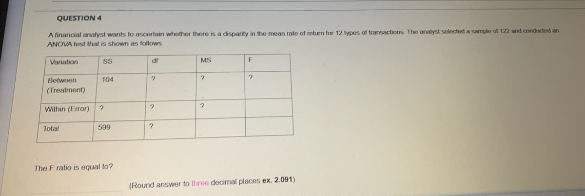 QUESTION 4
A financial analyst wants to ascertain whether there is a disparity in the mean rate of return for 12 types of transactions. The analyst selected a sample of 122 and conducted an
ANOVA test that is shown as follows.
Variation
df
MS
Between
104
(Treatment)
Within (Error)
Total
599
The F ratio is equal to?
(Round answer to three decimal places ex. 2.091)
