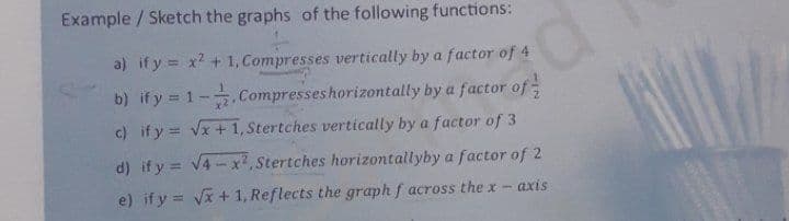 Example / Sketch the graphs of the following functions:
a) if y = x? + 1, Compresses vertically by a factor of 4
b) if y = 1-.Compresseshorizontally by a factor of
c) if y = Vx + 1, Stertches vertically by a factor of 3
d) if y = V4-x,Stertches horizontallyby a factor of 2
%3D
e) ify = vx +1, Reflects the graph f across the x- axis
