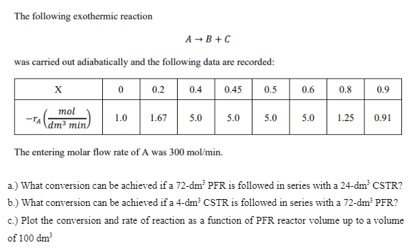 The following exothermic reaction
was carried out adiabatically and the following data are recorded:
X
mol
dm³ min)
0
1.0
0.2
A → B+C
1.67
0.4 0.45
5.0
The entering molar flow rate of A was 300 mol/min.
5.0
0.5
5.0
0.6 0.8
5.0
0.9
1.25 0.91
a.) What conversion can be achieved if a 72-dm³ PFR is followed in series with a 24-dm³ CSTR?
b.) What conversion can be achieved if a 4-dm³ CSTR is followed in series with a 72-dm³ PFR?
c.) Plot the conversion and rate of reaction as a function of PFR reactor volume up to a volume
of 100 dm³