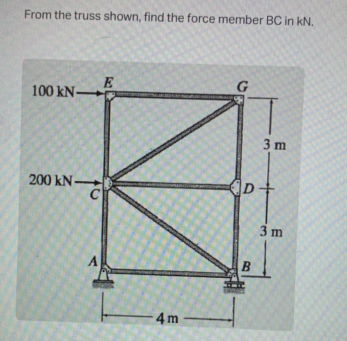 From the truss shown, find the force member BC in kN,
100 kN-
3 m
200 kN
D+
3 m
A
4 m
