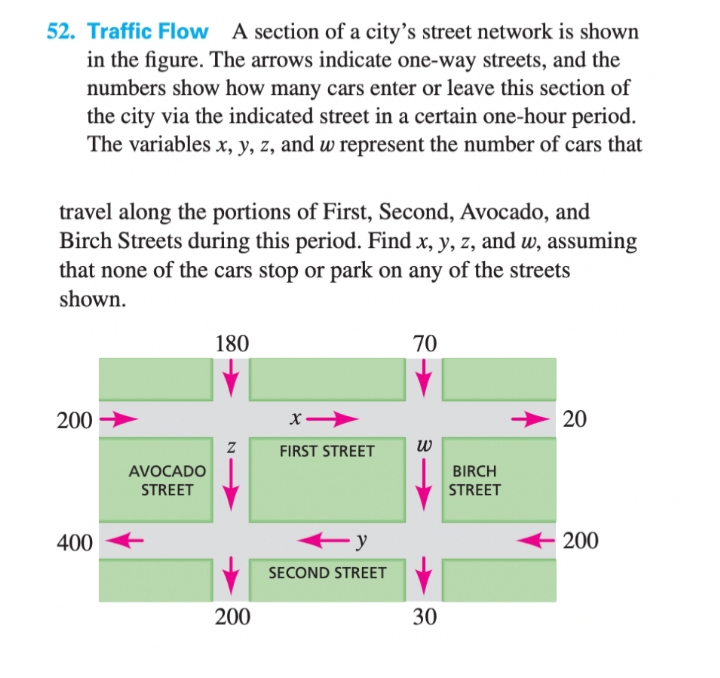 52. Traffic Flow A section of a city's street network is shown
in the figure. The arrows indicate one-way streets, and the
numbers show how many cars enter or leave this section of
the city via the indicated street in a certain one-hour period.
The variables x, y, z, and w represent the number of cars that
travel along the portions of First, Second, Avocado, and
Birch Streets during this period. Find x, y, z, and w, assuming
that none of the cars stop or park on any of the streets
shown.
