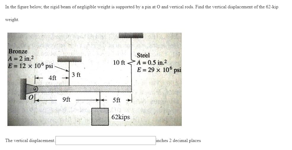 In the figure below, the rigid beam of negligible weight is supported by a pin at O and vertical rods. Find the vertical displacement of the 62-kip
weight.
Bronze
A = 2 in.2
E= 12 x 106 psi
L 4ft
@
The vertical displacement.
9ft
3 ft
Steel
10 ft A=0.5 in.2
E = 29 x 106 psi
5ft
62kips
inches 2 decimal places