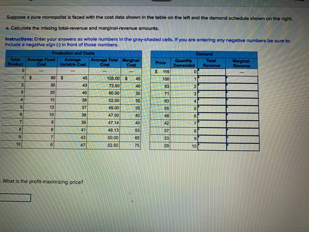 Suppose a pure monopolist is faced with the cost data shown In the table on the left and the demand schedule shown on the right.
a. Calculate the missing total-revenue and marginal-revenue amounts.
Instructions: Enter your answers as whole numbers in the gray-shaded cells. If you are entering any negative numbers be sure to
include a negative sign (-) in front of those numbers.
Production and Costs
Demand
Total
Product
Average Fixed
Cost
Average
Variable Cost
Average Total Marginal
Cost
Quantity
Demanded
Total
Revenue
Marginal
Revenue
Price
Cost
115
1
2$
60
2$
45
105.00 $
45
100
1
2
30
43
72.50
40
83
20
40
60.00
35
71
3
15
38
52.50
30
63
4
12
37
49.00
35
55
5
6.
10
38
47.50
40
48
9
39
47.14
45
42
7
8
41
48.13
55
37
8
9
43
50.00
65
33
9
10
47
52.50
75
29
10
. What is the profit-maximizing price?
